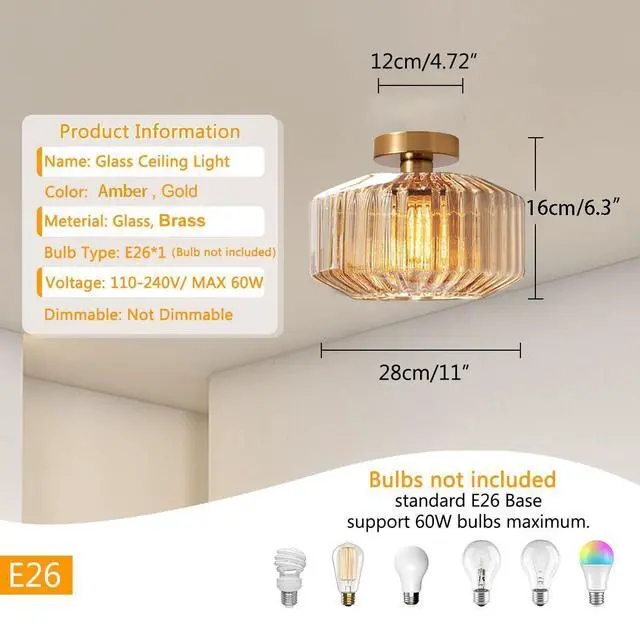 Alt view image 2 of 7 - Vintage Flush Mount Ceiling Light, Gold Brass Hallway Light Fixture, Amber Striped Glass Flush Mount Light Fixtures,Large Glass Globe Ceiling Lamp for Entrance Bedroom Dining Room