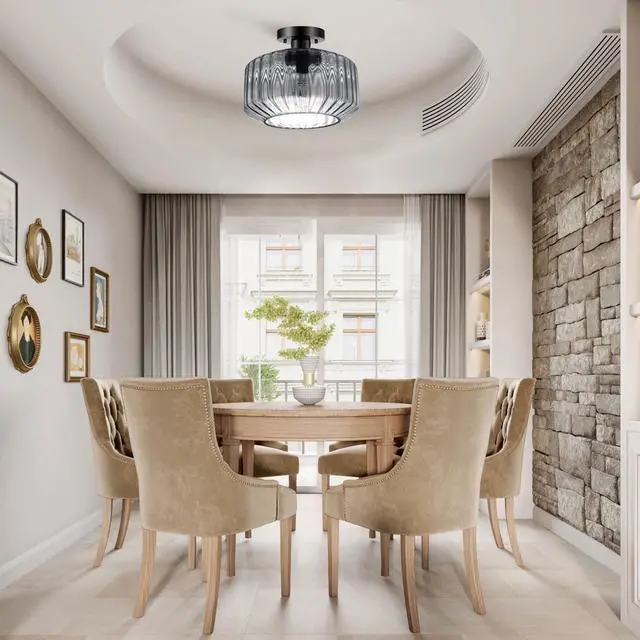 Alt view image 7 of 7 - Hallway Close to Ceiling Light 11" Gray Glass Shade Vintage Flush Mount Light Fixture Black Metal Ceiling Lamp Striped Glass Semi Flush Mount Light for Bedroom Entryway Kitchen Sink