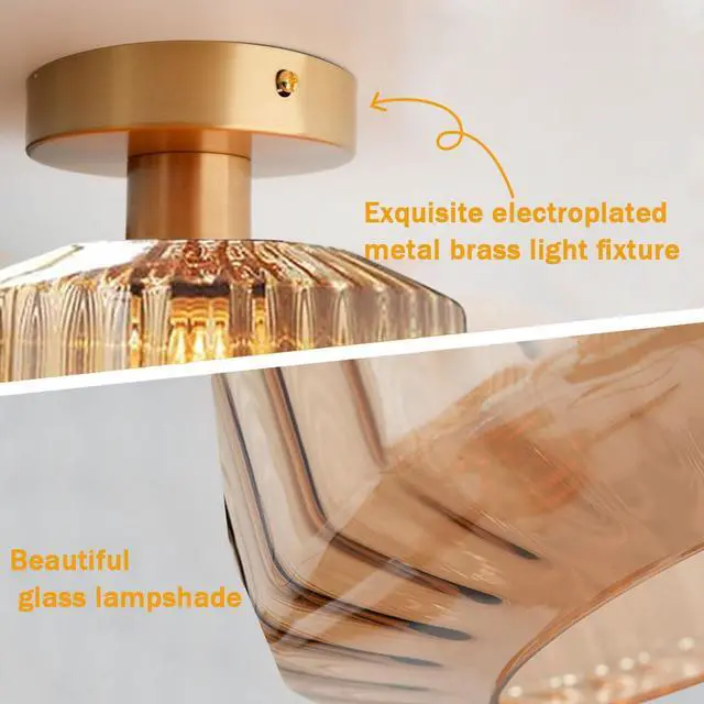 Alt view image 3 of 7 - Vintage Flush Mount Ceiling Light, Gold Brass Hallway Light Fixture, Amber Striped Glass Flush Mount Light Fixtures,Large Glass Globe Ceiling Lamp for Entrance Bedroom Dining Room