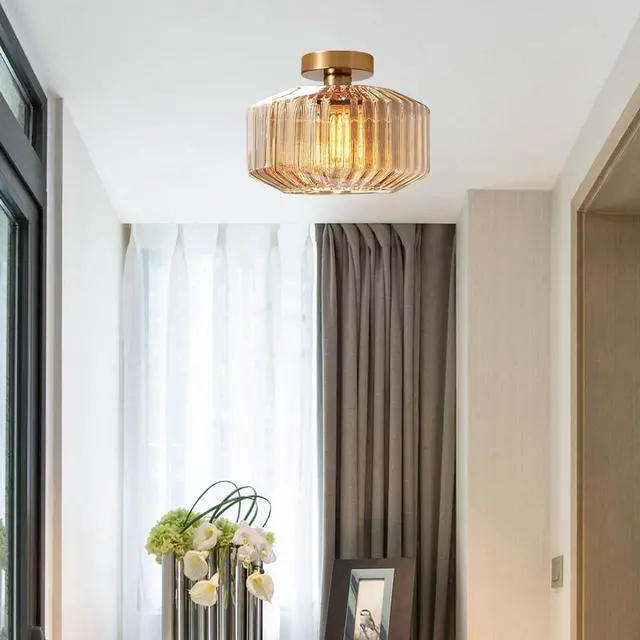 Alt view image 4 of 7 - Vintage Flush Mount Ceiling Light, Gold Brass Hallway Light Fixture, Amber Striped Glass Flush Mount Light Fixtures,Large Glass Globe Ceiling Lamp for Entrance Bedroom Dining Room