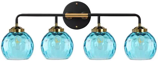 Main image of 4-Light Modern Bathroom Vanity Light Fixtures Blue Glass Sconces | Vanity Light With 15cm/5.9Inch Globe Shade Brushed Black Gold Fixture E26 Base 4-Head for Bath Over mirror Hallway LivingRoom