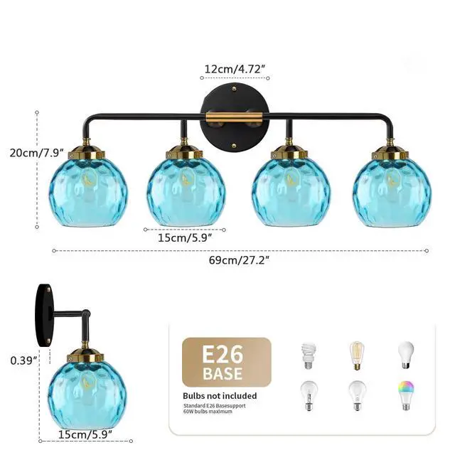 Alt view image 2 of 7 - 4-Light Modern Bathroom Vanity Light Fixtures Blue Glass Sconces | Vanity Light With 15cm/5.9Inch Globe Shade Brushed Black Gold Fixture E26 Base 4-Head for Bath Over mirror Hallway LivingRoom