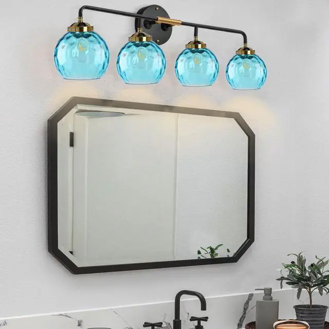 Alt view image 3 of 7 - 4-Light Modern Bathroom Vanity Light Fixtures Blue Glass Sconces | Vanity Light With 15cm/5.9Inch Globe Shade Brushed Black Gold Fixture E26 Base 4-Head for Bath Over mirror Hallway LivingRoom