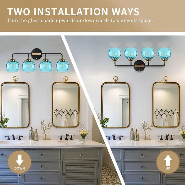 Alt view image 4 of 7 - 4-Light Modern Bathroom Vanity Light Fixtures Blue Glass Sconces | Vanity Light With 15cm/5.9Inch Globe Shade Brushed Black Gold Fixture E26 Base 4-Head for Bath Over mirror Hallway LivingRoom