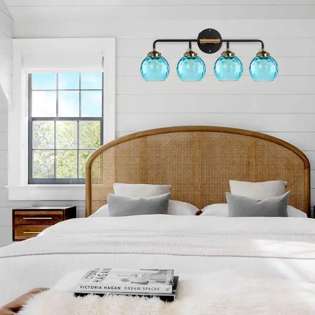Alt view image 5 of 7 - 4-Light Modern Bathroom Vanity Light Fixtures Blue Glass Sconces | Vanity Light With 15cm/5.9Inch Globe Shade Brushed Black Gold Fixture E26 Base 4-Head for Bath Over mirror Hallway LivingRoom
