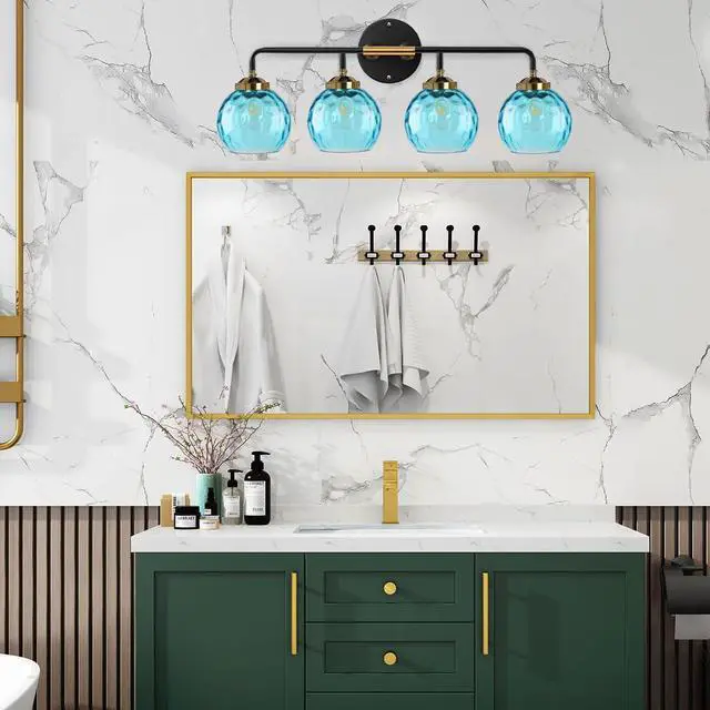 Alt view image 6 of 7 - 4-Light Modern Bathroom Vanity Light Fixtures Blue Glass Sconces | Vanity Light With 15cm/5.9Inch Globe Shade Brushed Black Gold Fixture E26 Base 4-Head for Bath Over mirror Hallway LivingRoom