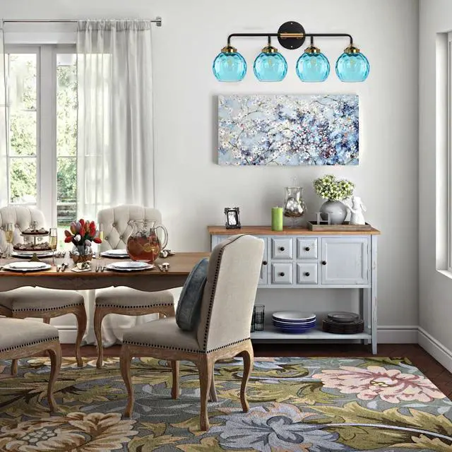 Alt view image 7 of 7 - 4-Light Modern Bathroom Vanity Light Fixtures Blue Glass Sconces | Vanity Light With 15cm/5.9Inch Globe Shade Brushed Black Gold Fixture E26 Base 4-Head for Bath Over mirror Hallway LivingRoom