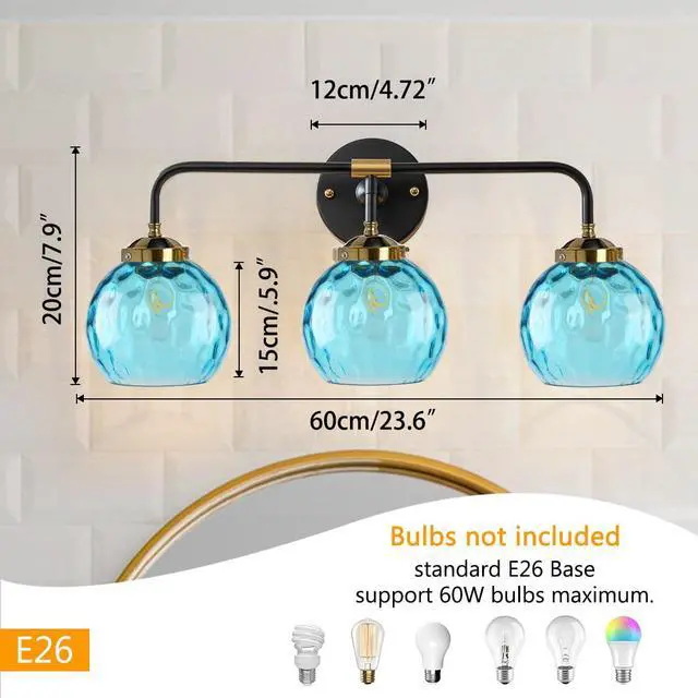 Alt view image 2 of 7 - 3-Light Vanity Light Over Mirror, Bathroom Light Fixture Blue Modern Sconces Wall Decor Globe Glass Shade, Bathroom Vanity Lamp Lighting Fixtures for Farmhouse Hallway Living Room