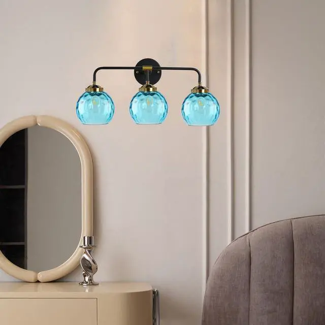 Alt view image 3 of 7 - 3-Light Vanity Light Over Mirror, Bathroom Light Fixture Blue Modern Sconces Wall Decor Globe Glass Shade, Bathroom Vanity Lamp Lighting Fixtures for Farmhouse Hallway Living Room