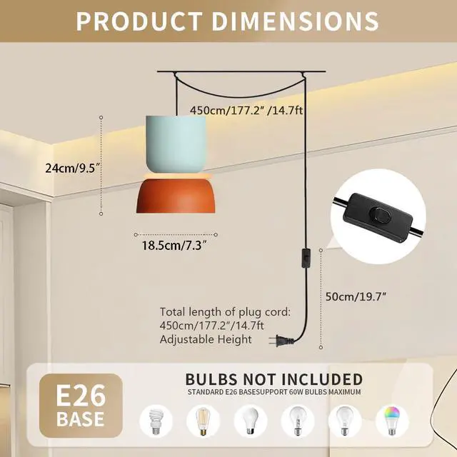 Alt view image 2 of 7 - Macaron Ceiling Light with 14.7ft Plug-in Cord Plug in Pendant Light | Nordic Modern Hanging Light Fixture with cord On/Off Switch Colorful Barn Blue Orange Shade for Kitchen Island Dining room