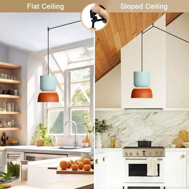 Alt view image 3 of 7 - Macaron Ceiling Light with 14.7ft Plug-in Cord Plug in Pendant Light | Nordic Modern Hanging Light Fixture with cord On/Off Switch Colorful Barn Blue Orange Shade for Kitchen Island Dining room