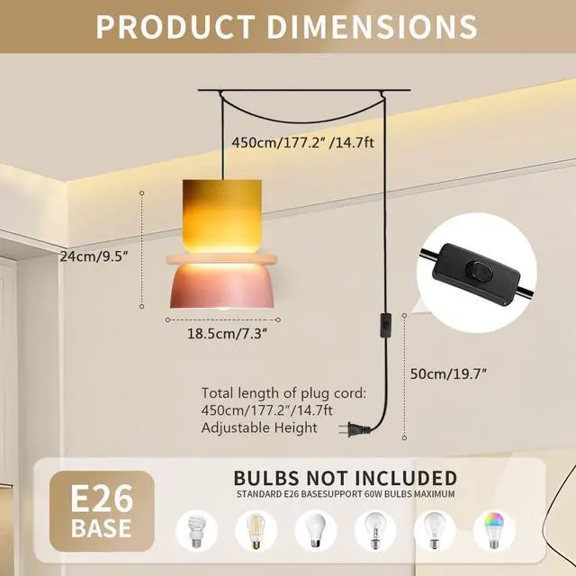 Alt view image 2 of 7 - Plug in Kitchen Island Pendant Light Fixture Nordic Pendant Lamp with Plug-in Cord On/Off Switch Mid Century Modern Light Fixture Yellow/Pink Barn Shade Colorful Hanging Light Corded