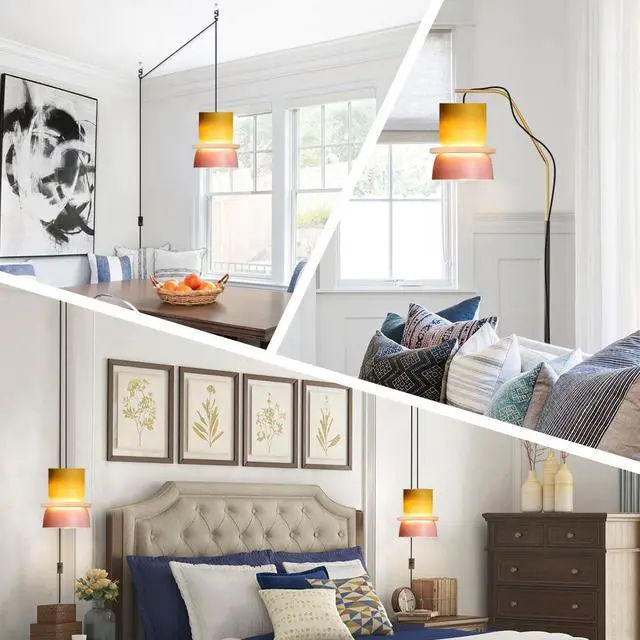 Alt view image 4 of 7 - Plug in Kitchen Island Pendant Light Fixture Nordic Pendant Lamp with Plug-in Cord On/Off Switch Mid Century Modern Light Fixture Yellow/Pink Barn Shade Colorful Hanging Light Corded
