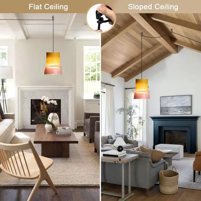 Alt view image 3 of 7 - Plug in Kitchen Island Pendant Light Fixture Nordic Pendant Lamp with Plug-in Cord On/Off Switch Mid Century Modern Light Fixture Yellow/Pink Barn Shade Colorful Hanging Light Corded