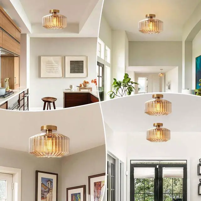 Alt view image 7 of 7 - Vintage Flush Mount Ceiling Light, Gold Brass Hallway Light Fixture, Amber Striped Glass Flush Mount Light Fixtures,Large Glass Globe Ceiling Lamp for Entrance Bedroom Dining Room