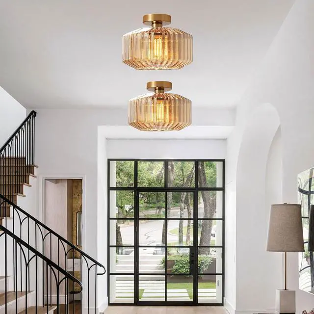 Alt view image 5 of 7 - Vintage Flush Mount Ceiling Light, Gold Brass Hallway Light Fixture, Amber Striped Glass Flush Mount Light Fixtures,Large Glass Globe Ceiling Lamp for Entrance Bedroom Dining Room