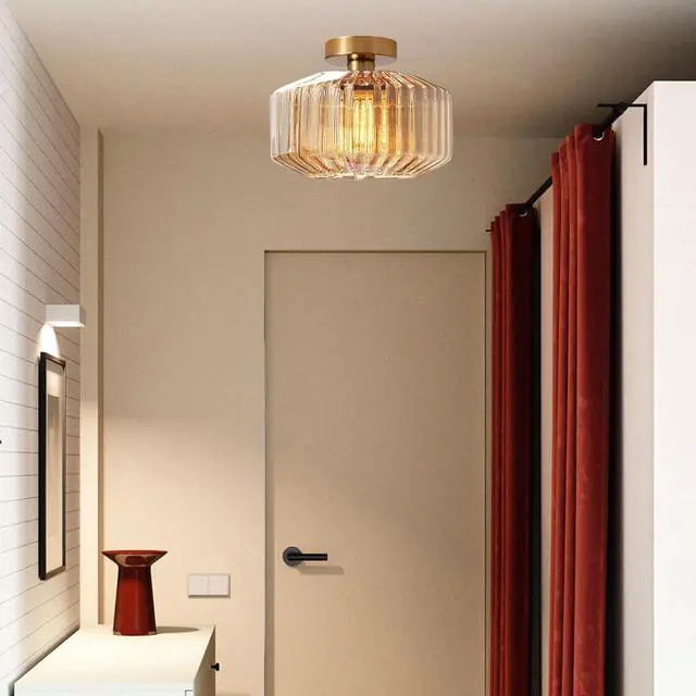 Alt view image 6 of 7 - Vintage Flush Mount Ceiling Light, Gold Brass Hallway Light Fixture, Amber Striped Glass Flush Mount Light Fixtures,Large Glass Globe Ceiling Lamp for Entrance Bedroom Dining Room