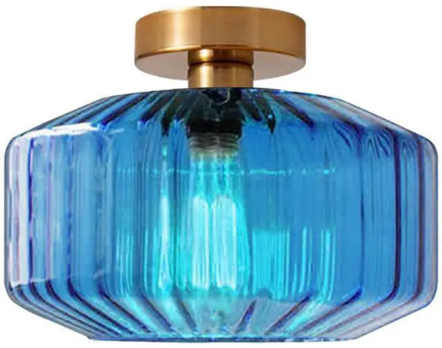 Main image of Blue Glass Ceiling Light fixtures Large Flush Mount Lamp 11" Striped Glass Globe Shade Design Mid Century Modern Ceiling Lights Brushed Gold Brass Close to Light for Bedroom Hallway