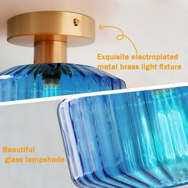 Alt view image 2 of 7 - Blue Glass Ceiling Light fixtures Large Flush Mount Lamp 11" Striped Glass Globe Shade Design Mid Century Modern Ceiling Lights Brushed Gold Brass Close to Light for Bedroom Hallway