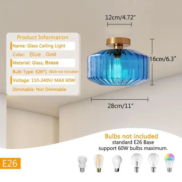 Alt view image 3 of 7 - Blue Glass Ceiling Light fixtures Large Flush Mount Lamp 11" Striped Glass Globe Shade Design Mid Century Modern Ceiling Lights Brushed Gold Brass Close to Light for Bedroom Hallway