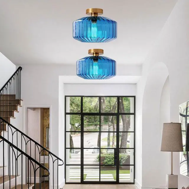 Alt view image 4 of 7 - Blue Glass Ceiling Light fixtures Large Flush Mount Lamp 11" Striped Glass Globe Shade Design Mid Century Modern Ceiling Lights Brushed Gold Brass Close to Light for Bedroom Hallway