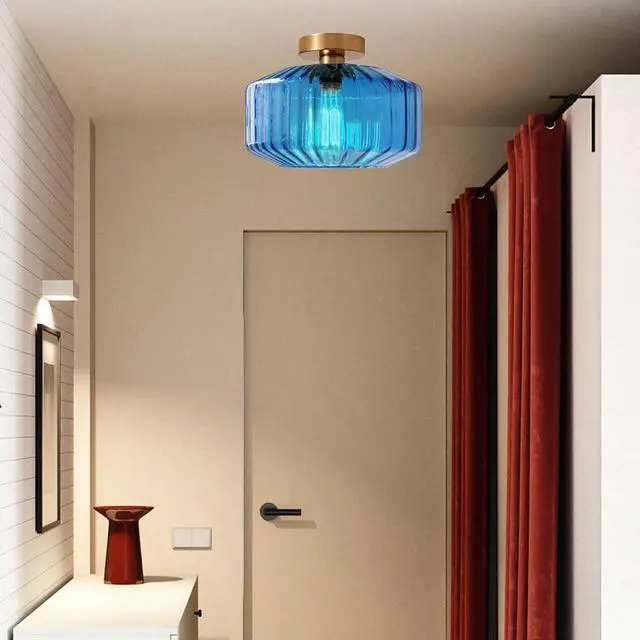 Alt view image 5 of 7 - Blue Glass Ceiling Light fixtures Large Flush Mount Lamp 11" Striped Glass Globe Shade Design Mid Century Modern Ceiling Lights Brushed Gold Brass Close to Light for Bedroom Hallway