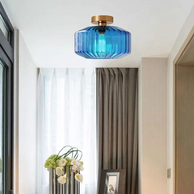 Alt view image 6 of 7 - Blue Glass Ceiling Light fixtures Large Flush Mount Lamp 11" Striped Glass Globe Shade Design Mid Century Modern Ceiling Lights Brushed Gold Brass Close to Light for Bedroom Hallway