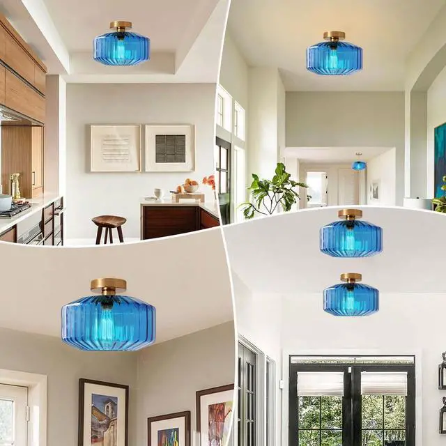Alt view image 7 of 7 - Blue Glass Ceiling Light fixtures Large Flush Mount Lamp 11" Striped Glass Globe Shade Design Mid Century Modern Ceiling Lights Brushed Gold Brass Close to Light for Bedroom Hallway
