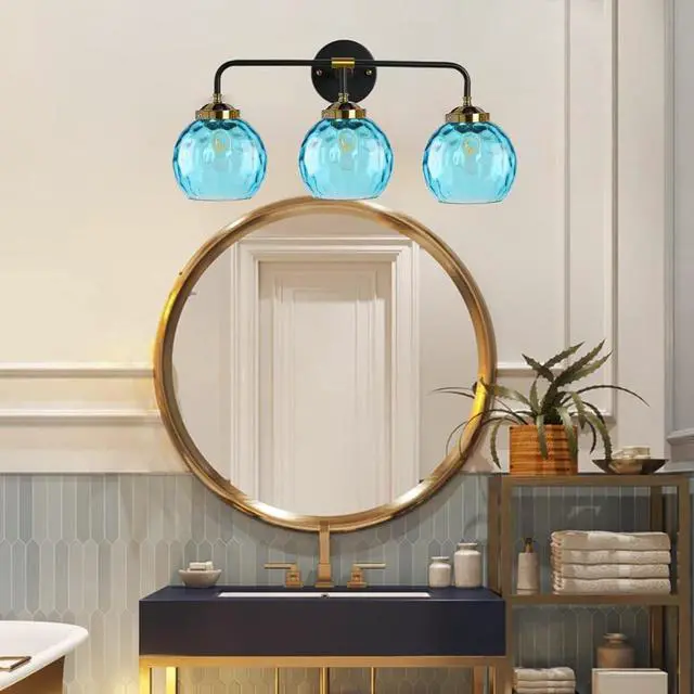 Alt view image 4 of 7 - 3-Light Vanity Light Over Mirror, Bathroom Light Fixture Blue Modern Sconces Wall Decor Globe Glass Shade, Bathroom Vanity Lamp Lighting Fixtures for Farmhouse Hallway Living Room