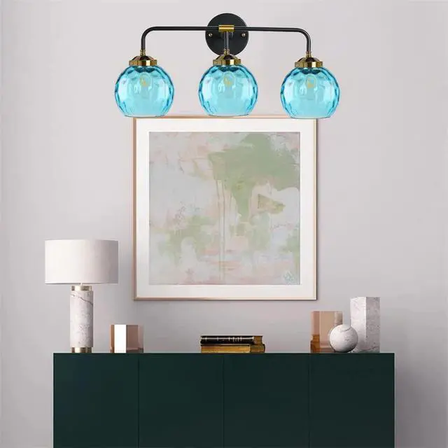 Alt view image 6 of 7 - 3-Light Vanity Light Over Mirror, Bathroom Light Fixture Blue Modern Sconces Wall Decor Globe Glass Shade, Bathroom Vanity Lamp Lighting Fixtures for Farmhouse Hallway Living Room