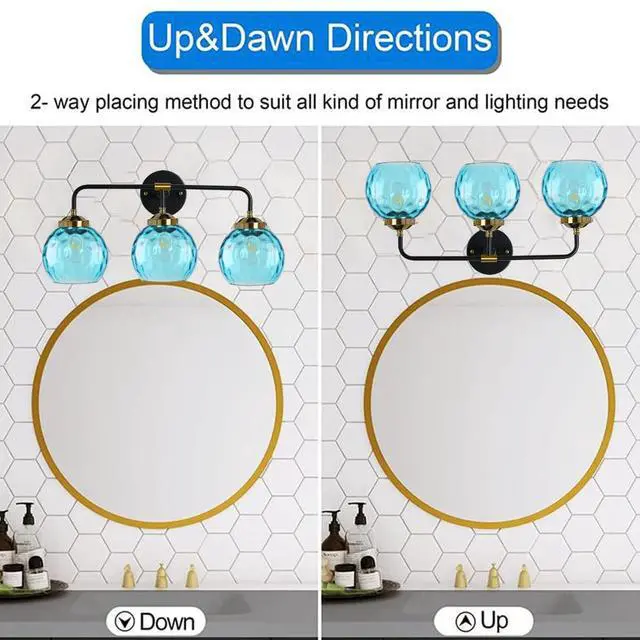 Alt view image 5 of 7 - 3-Light Vanity Light Over Mirror, Bathroom Light Fixture Blue Modern Sconces Wall Decor Globe Glass Shade, Bathroom Vanity Lamp Lighting Fixtures for Farmhouse Hallway Living Room