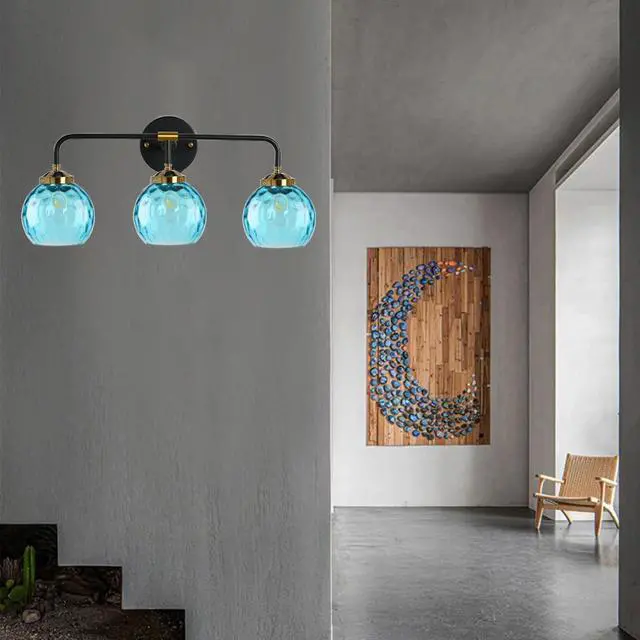 Alt view image 7 of 7 - 3-Light Vanity Light Over Mirror, Bathroom Light Fixture Blue Modern Sconces Wall Decor Globe Glass Shade, Bathroom Vanity Lamp Lighting Fixtures for Farmhouse Hallway Living Room