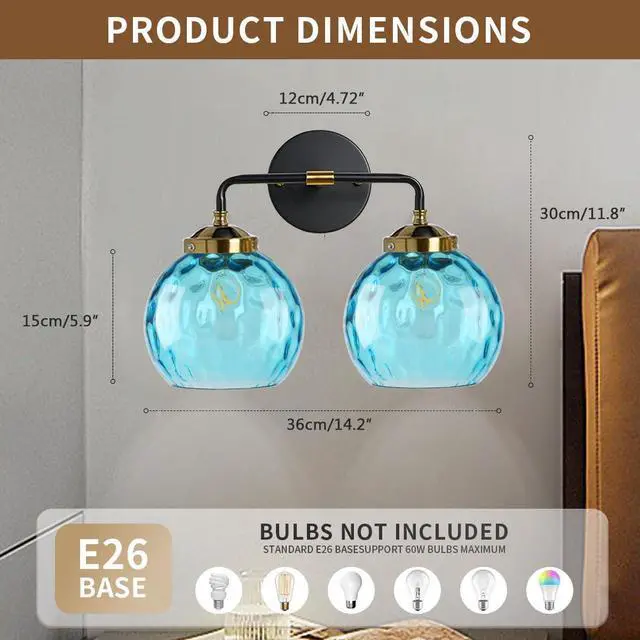 Alt view image 3 of 7 - 2-Lights Vanity Light Over Mirror, Blue Bathroom Light Fixture Farmhouse Vanity Lamp Modern Sconces Wall Decor Globe Glass Shade Bathroom Lighting Fixtures for Hallway Living Room (2-Lights)