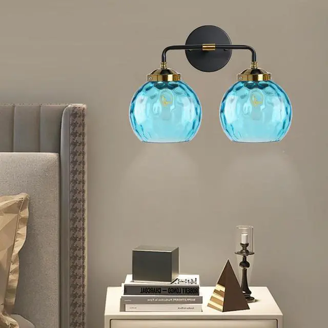 Alt view image 5 of 7 - 2-Lights Vanity Light Over Mirror, Blue Bathroom Light Fixture Farmhouse Vanity Lamp Modern Sconces Wall Decor Globe Glass Shade Bathroom Lighting Fixtures for Hallway Living Room (2-Lights)