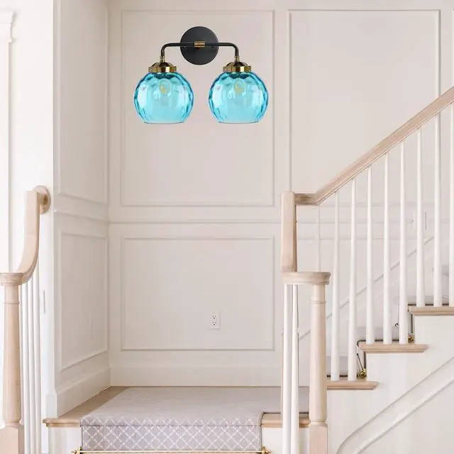 Alt view image 6 of 7 - 2-Lights Vanity Light Over Mirror, Blue Bathroom Light Fixture Farmhouse Vanity Lamp Modern Sconces Wall Decor Globe Glass Shade Bathroom Lighting Fixtures for Hallway Living Room (2-Lights)