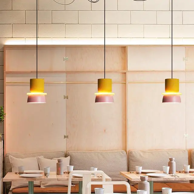 Alt view image 7 of 7 - Plug in Kitchen Island Pendant Light Fixture Nordic Pendant Lamp with Plug-in Cord On/Off Switch Mid Century Modern Light Fixture Yellow/Pink Barn Shade Colorful Hanging Light Corded