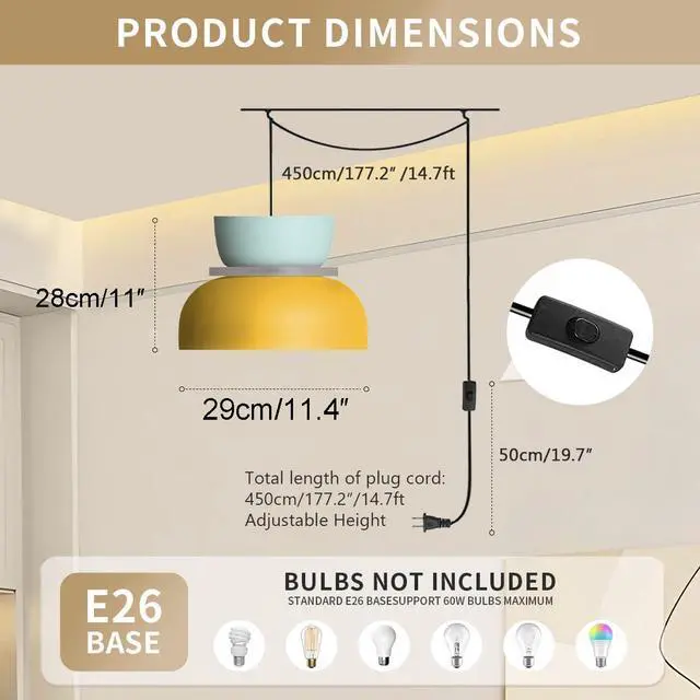 Alt view image 2 of 7 - Nordic Pendant Lamp Plug in Pendant Light Fixtures Macaron Blue Yellow Aluminum Shade with 14.7 ft Plug-in Cord On/Off Switch Industrial Modern Hanging Lamp Plug in for Kitchen