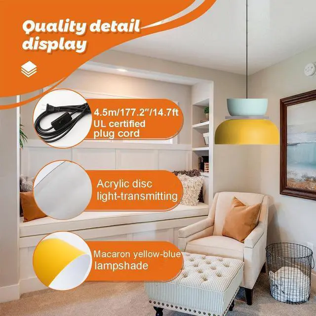 Alt view image 3 of 7 - Nordic Pendant Lamp Plug in Pendant Light Fixtures Macaron Blue Yellow Aluminum Shade with 14.7 ft Plug-in Cord On/Off Switch Industrial Modern Hanging Lamp Plug in for Kitchen
