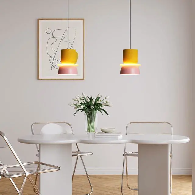 Alt view image 5 of 7 - Plug in Kitchen Island Pendant Light Fixture Nordic Pendant Lamp with Plug-in Cord On/Off Switch Mid Century Modern Light Fixture Yellow/Pink Barn Shade Colorful Hanging Light Corded