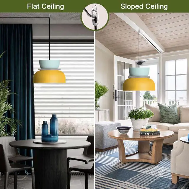 Alt view image 4 of 7 - Nordic Pendant Lamp Plug in Pendant Light Fixtures Macaron Blue Yellow Aluminum Shade with 14.7 ft Plug-in Cord On/Off Switch Industrial Modern Hanging Lamp Plug in for Kitchen