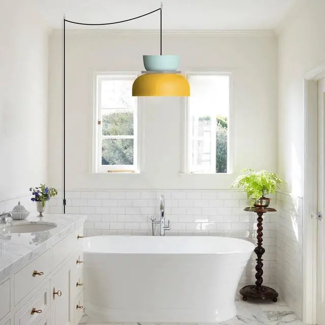 Alt view image 5 of 7 - Nordic Pendant Lamp Plug in Pendant Light Fixtures Macaron Blue Yellow Aluminum Shade with 14.7 ft Plug-in Cord On/Off Switch Industrial Modern Hanging Lamp Plug in for Kitchen