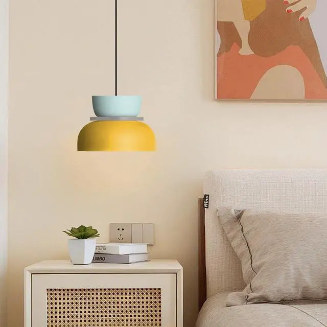 Alt view image 6 of 7 - Nordic Pendant Lamp Plug in Pendant Light Fixtures Macaron Blue Yellow Aluminum Shade with 14.7 ft Plug-in Cord On/Off Switch Industrial Modern Hanging Lamp Plug in for Kitchen