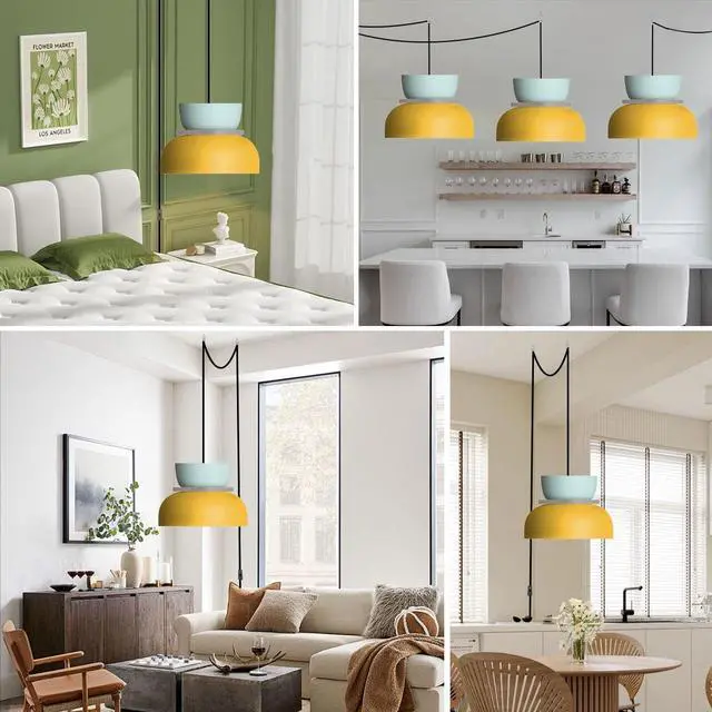 Alt view image 7 of 7 - Nordic Pendant Lamp Plug in Pendant Light Fixtures Macaron Blue Yellow Aluminum Shade with 14.7 ft Plug-in Cord On/Off Switch Industrial Modern Hanging Lamp Plug in for Kitchen
