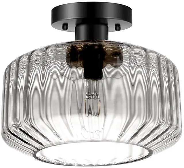Main image of Clear Glass Ceiling Light Mid Century Flush Mount Ceiling Lights 11" Striped Glass Globe Shade Vintage Ceiling Light Fixtures Black Close to Ceiling Lamp for Bedroom Kitchen Hallway