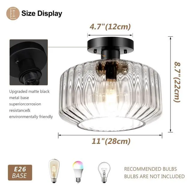 Alt view image 2 of 7 - Clear Glass Ceiling Light Mid Century Flush Mount Ceiling Lights 11" Striped Glass Globe Shade Vintage Ceiling Light Fixtures Black Close to Ceiling Lamp for Bedroom Kitchen Hallway