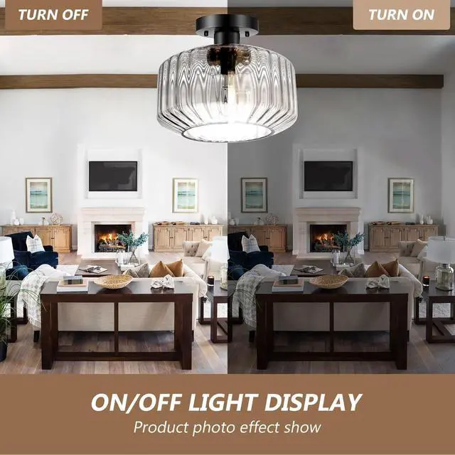Alt view image 3 of 7 - Clear Glass Ceiling Light Mid Century Flush Mount Ceiling Lights 11" Striped Glass Globe Shade Vintage Ceiling Light Fixtures Black Close to Ceiling Lamp for Bedroom Kitchen Hallway