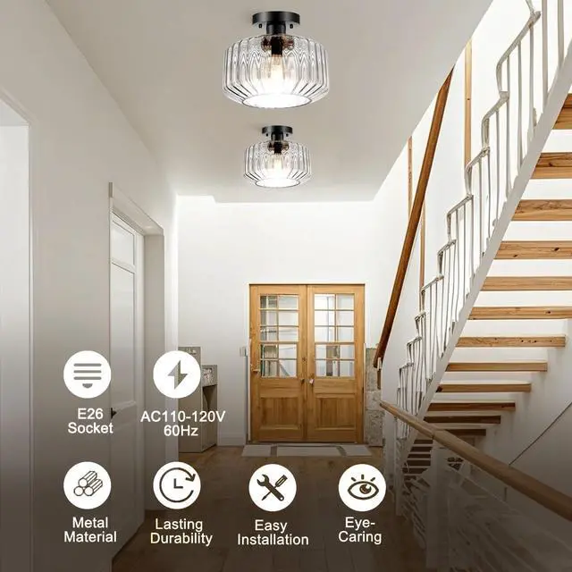 Alt view image 4 of 7 - Clear Glass Ceiling Light Mid Century Flush Mount Ceiling Lights 11" Striped Glass Globe Shade Vintage Ceiling Light Fixtures Black Close to Ceiling Lamp for Bedroom Kitchen Hallway
