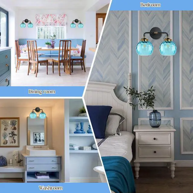 Alt view image 7 of 7 - 2-Lights Vanity Light Over Mirror, Blue Bathroom Light Fixture Farmhouse Vanity Lamp Modern Sconces Wall Decor Globe Glass Shade Bathroom Lighting Fixtures for Hallway Living Room (2-Lights)