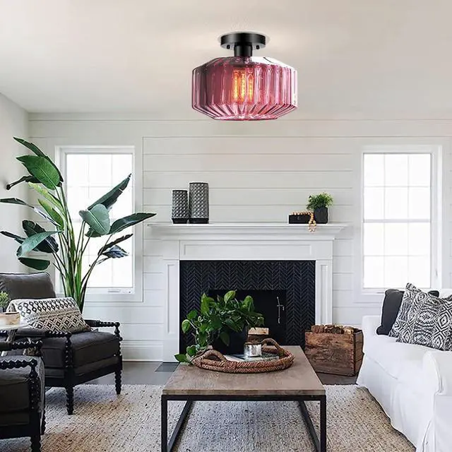 Alt view image 5 of 7 - Purple Ceiling Light Glass Flush Mount Ceiling Light Mid Century Modern Lights Fixtures with Striped Shade Semi Flush Mount Lamp for Bedroom Dining Room Hallway