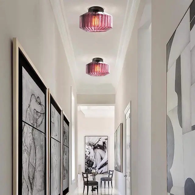 Alt view image 4 of 7 - Purple Ceiling Light Glass Flush Mount Ceiling Light Mid Century Modern Lights Fixtures with Striped Shade Semi Flush Mount Lamp for Bedroom Dining Room Hallway
